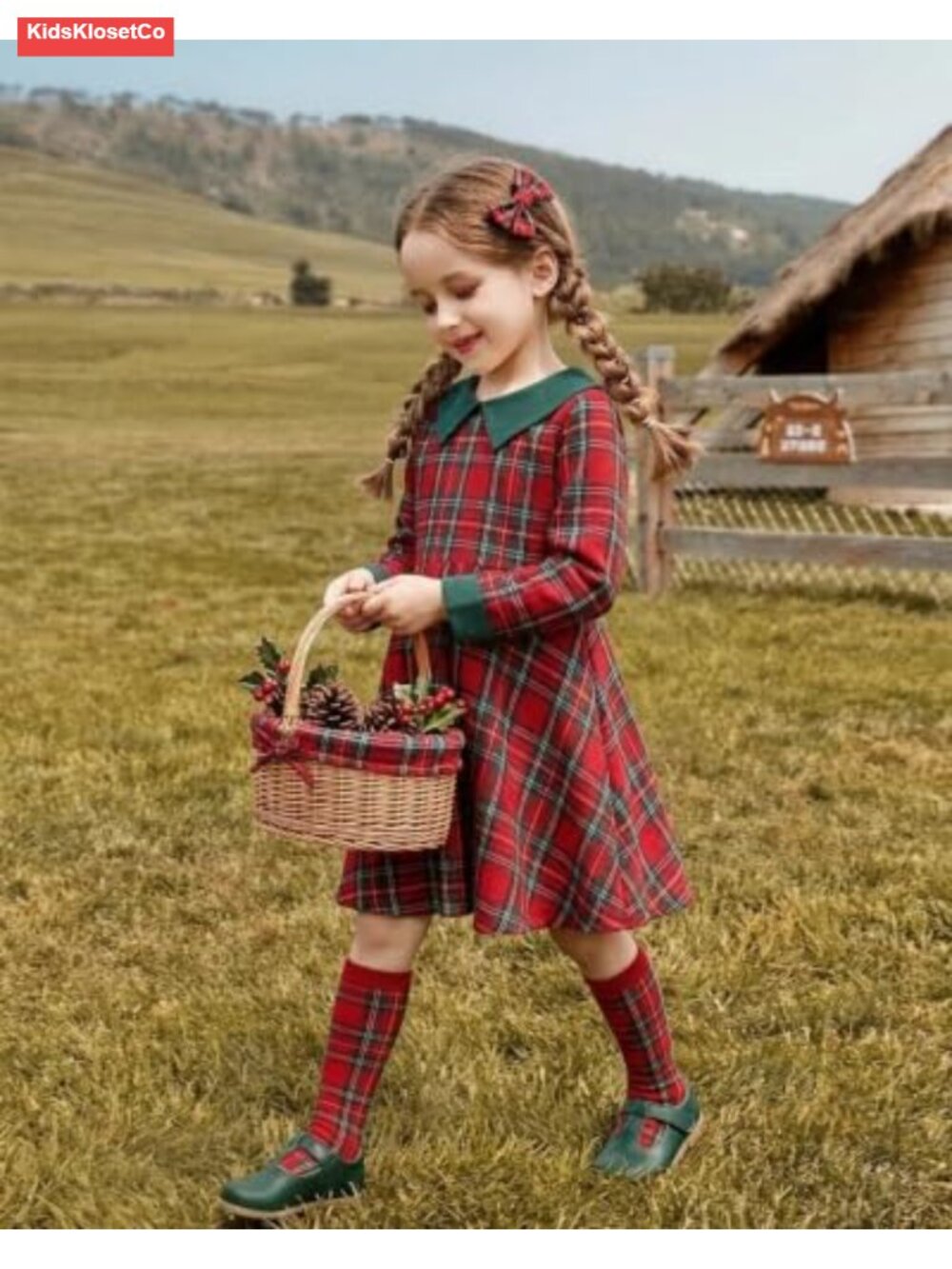 Girls Long Sleeve Plaid Dress with Peter Pan Collar - Picture 2 of 6